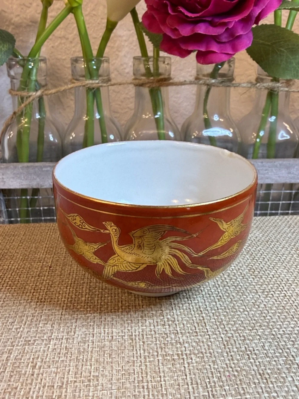 Vintage Chinese Porcelain 3 pc Teacup Set: Dragon & Phoenix, Crane and‎ Symbols